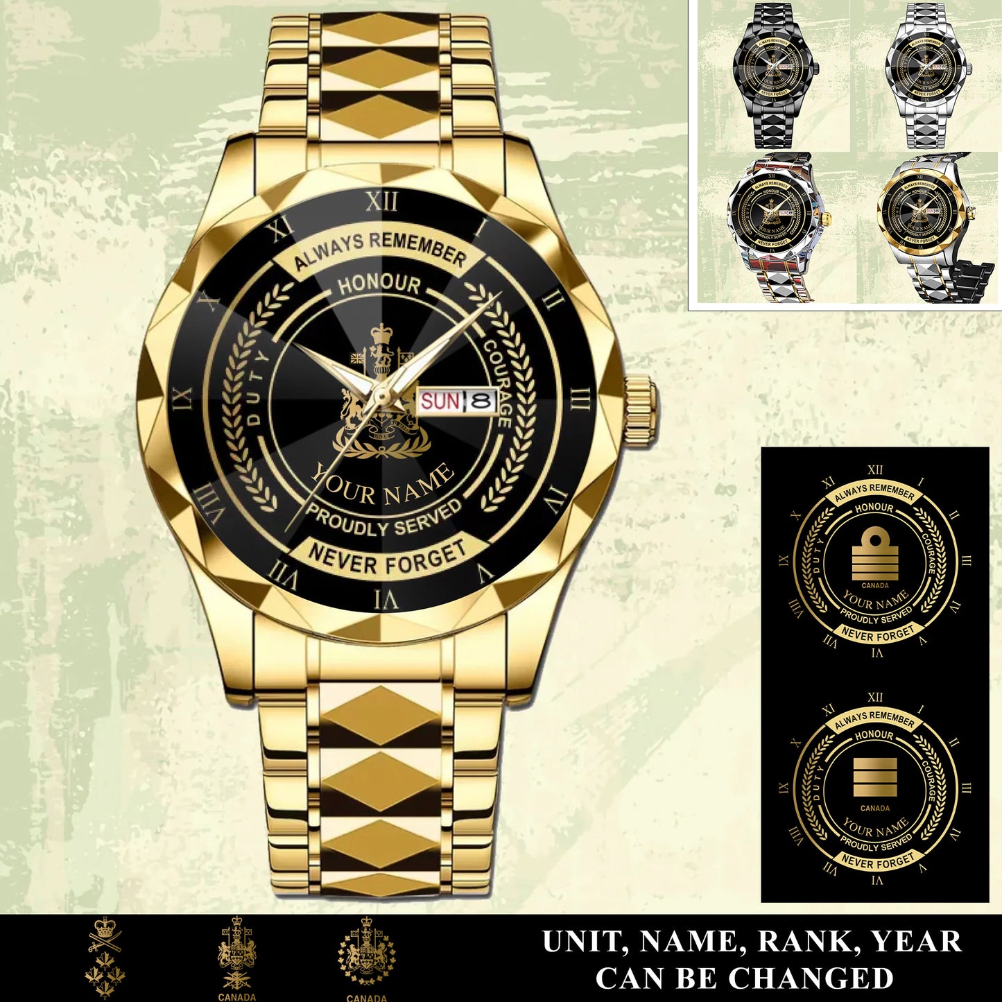 Personalized Canada Soldier/ Veteran With Rank And Name Gentleman Crystal Metal Watch - 17446752