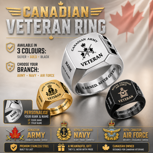 Personalized Canada Soldier/Veteran with Name and Rank Engraved Men’s Ring - 17629920