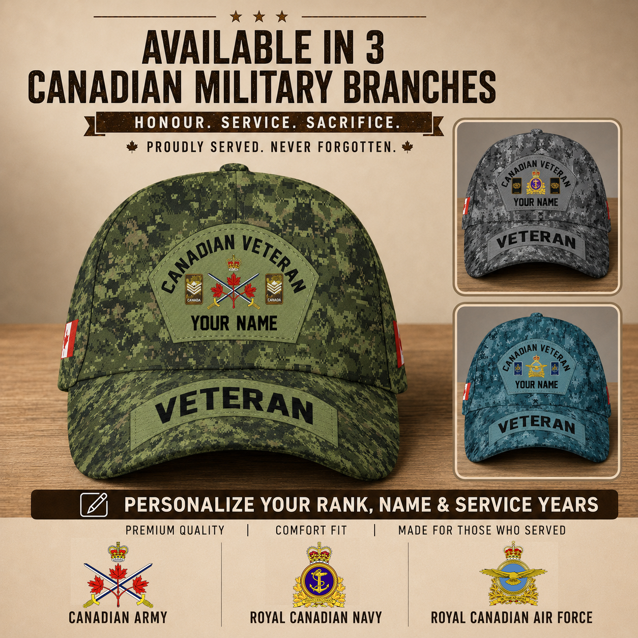 Personalized Rank And Name Canada Soldier/Veterans Camo Baseball Cap - 1717027202