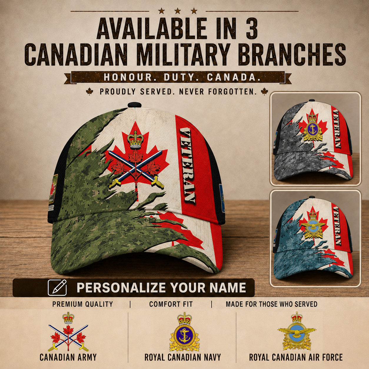 Personalized Name & Rank Canada Soldier/Veterans Baseball Cap - 1759881604