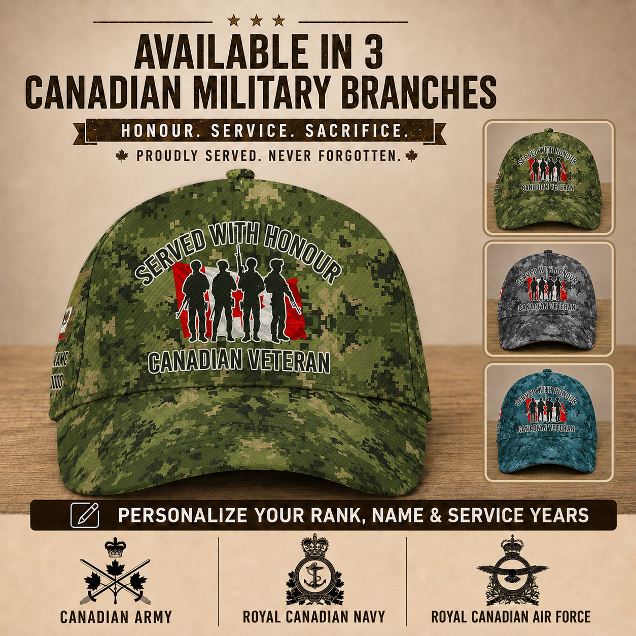 Personalized Rank, Year And Name Canada Soldier/Veterans Baseball Cap - 17676576