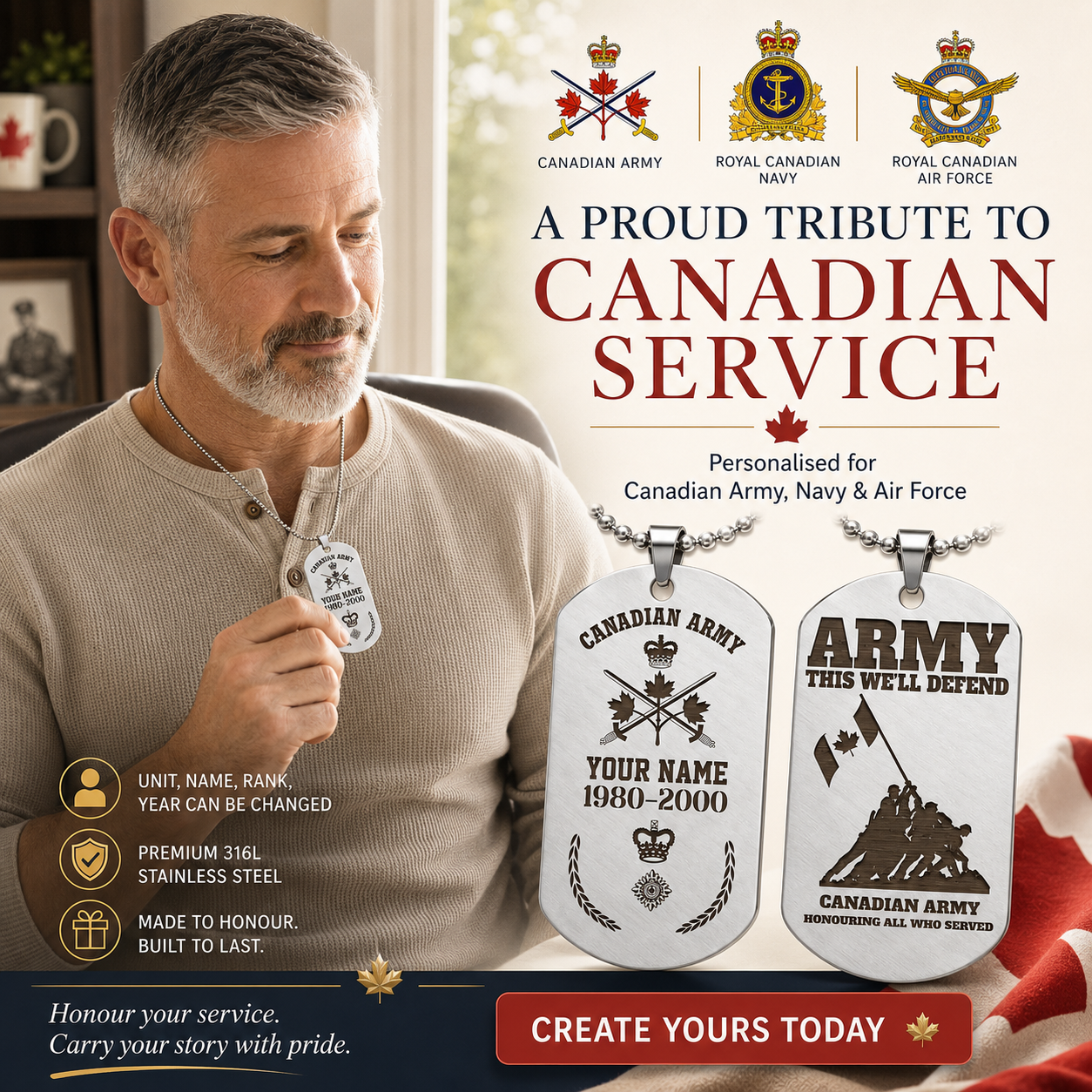 Personalized Canada Soldier/Veteran with Rank, Name & Year Dog Tag Necklace - 17657568