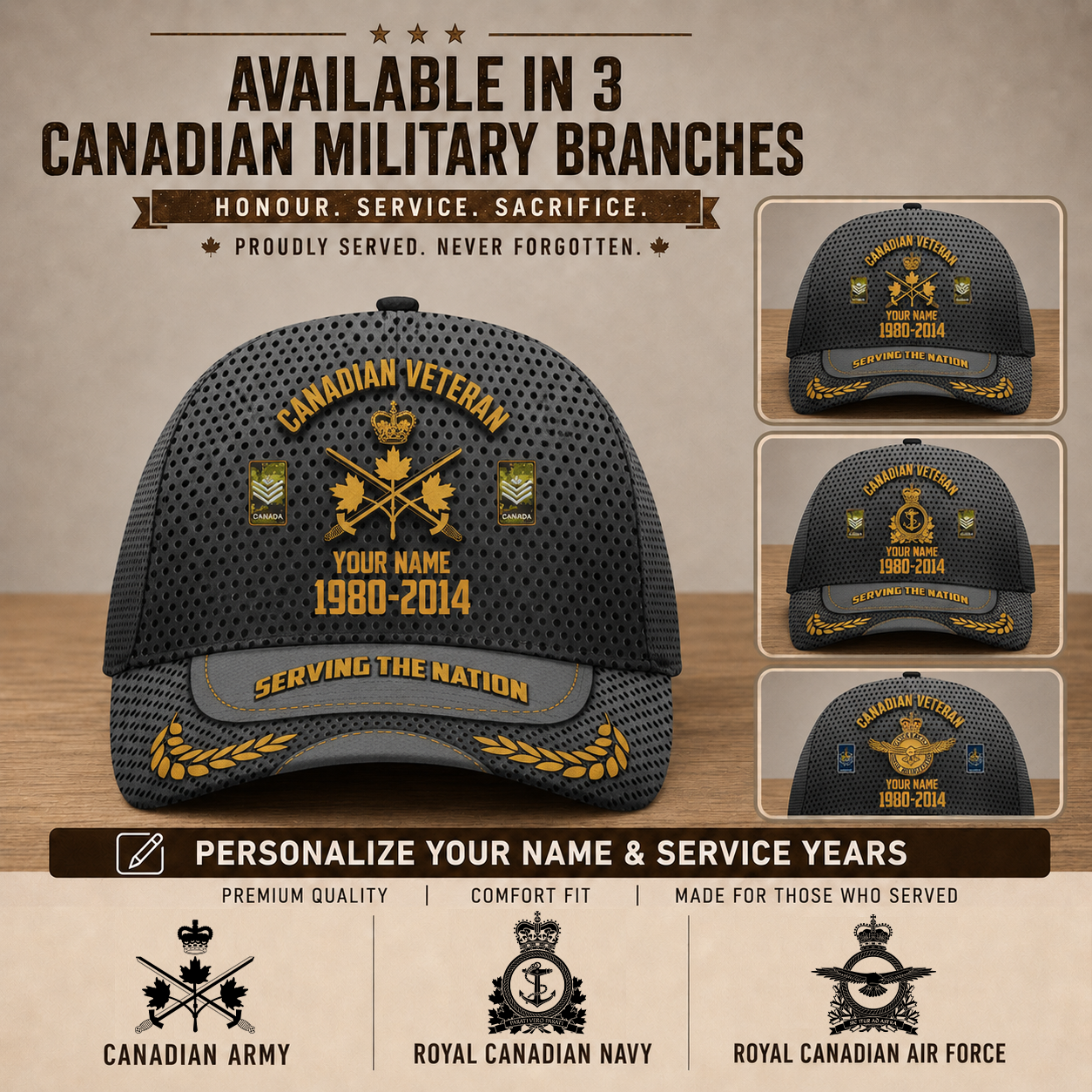 Personalized Name, Year & Rank Canada Soldier/Veterans Baseball Cap - 1759881603
