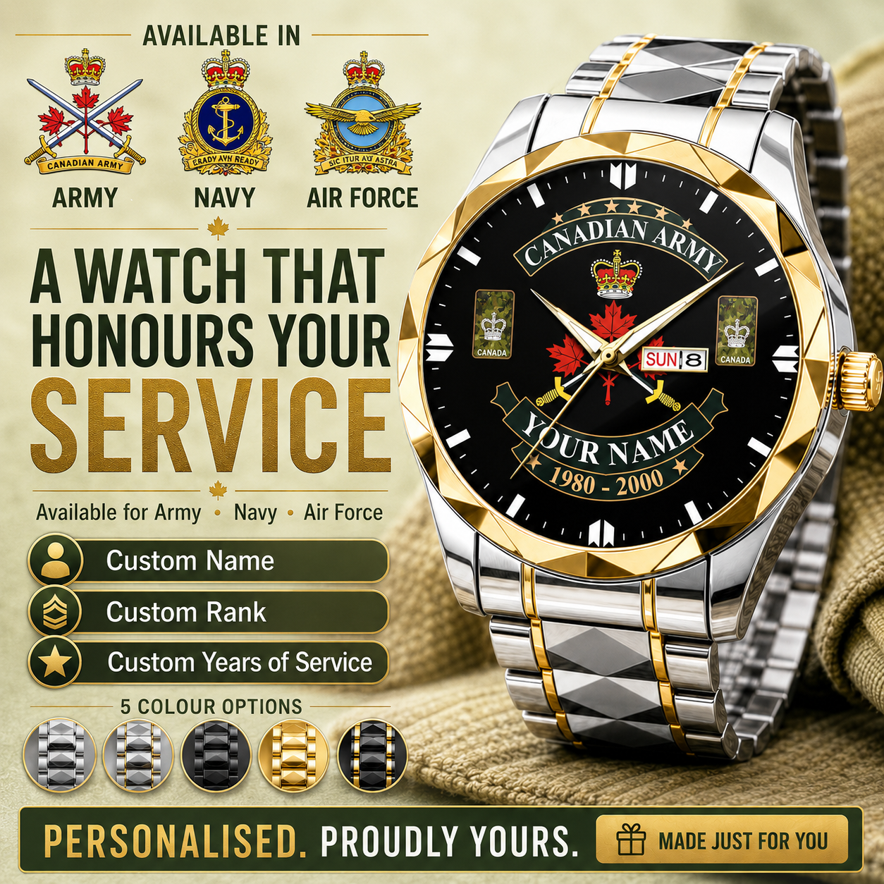 Personalized Canada Soldier/Veteran with Name and Rank Diamond-Cut Bezel Watch - 1761350401