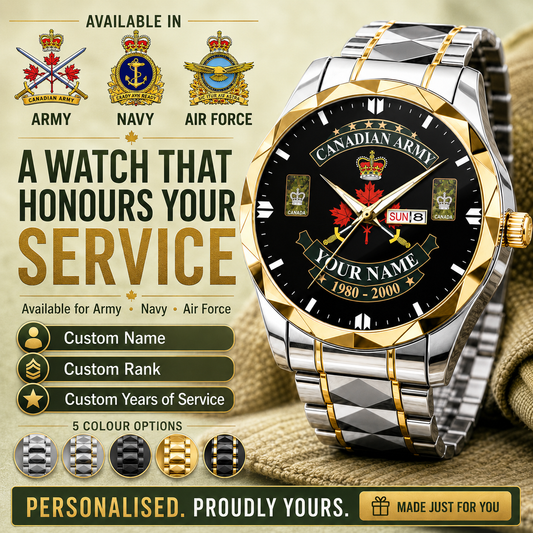 Personalized Canada Soldier/Veteran with Name and Rank Diamond-Cut Bezel Watch - 1761350401