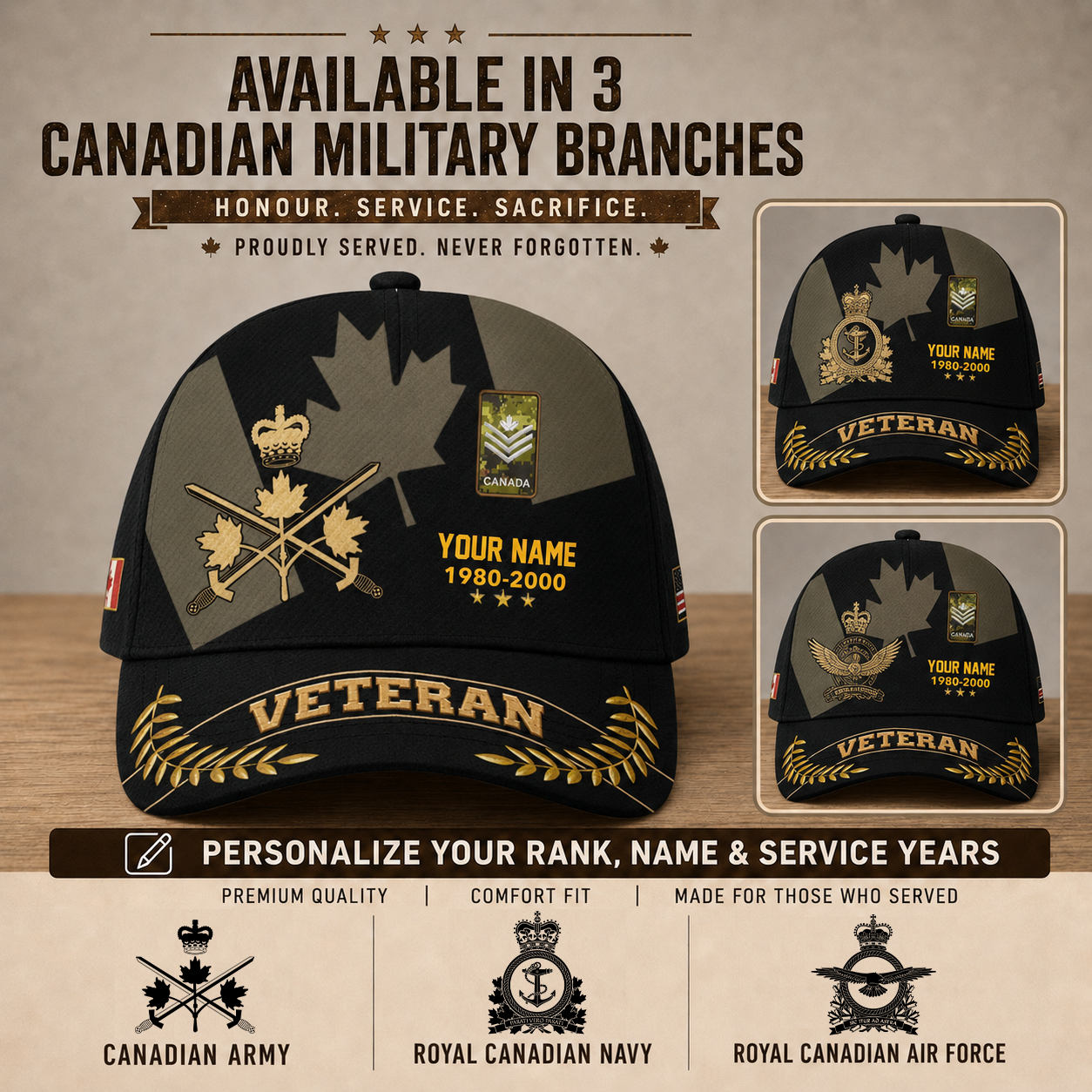 Personalized Name Year & Rank Canada Soldier/Veterans Baseball Cap - 1759968004