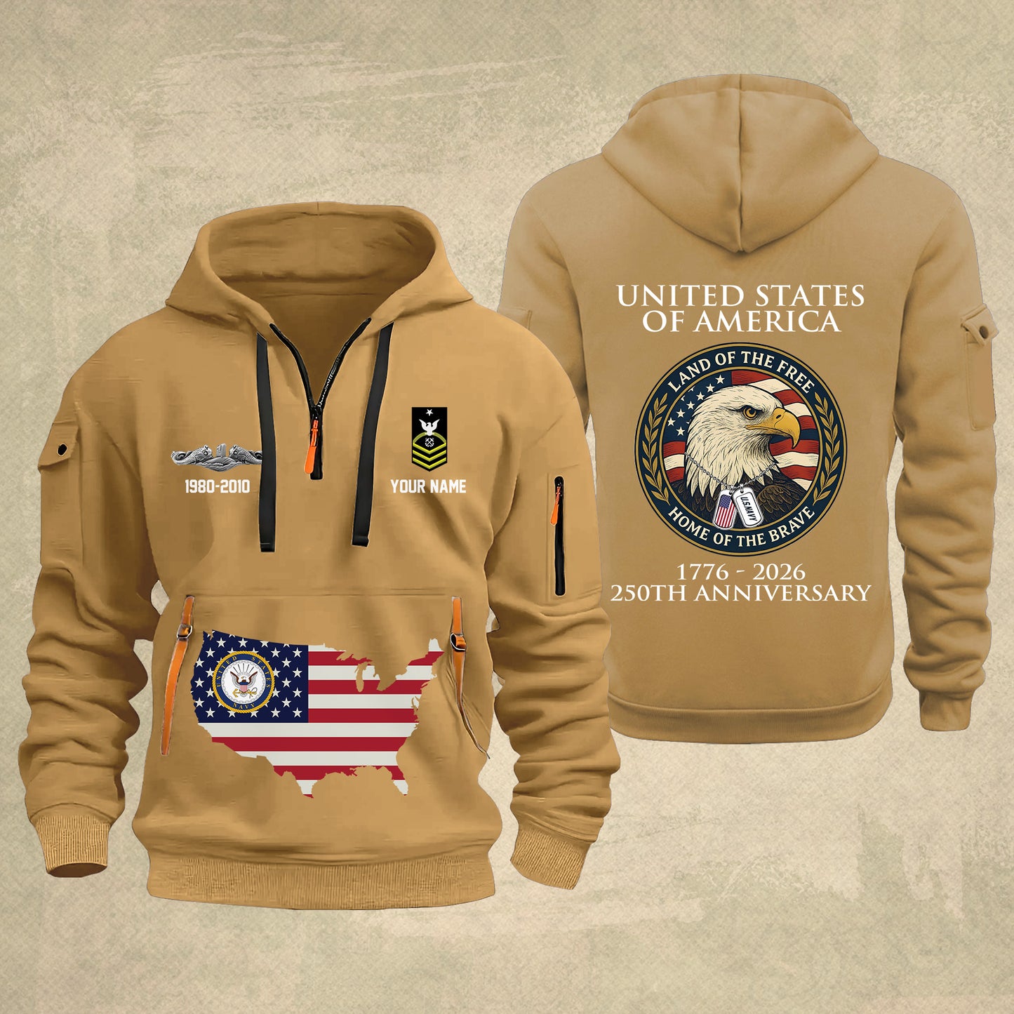 Navy Badge - Personalized 250th America Anniversary Zip Hoodie Multicolor, Land Of The Free Home Of The Brave Zip Hoodie, Custom Military Branch Hoodie - 17691264