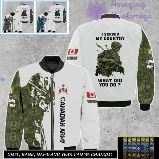 Personalized Canada Soldier/Veteran Camo with Name, Rank Bomber All Over Printed - 17262720