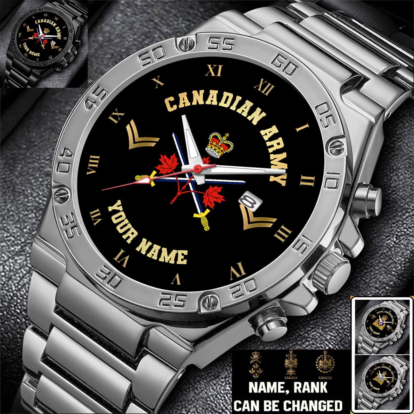 Personalized Canada Soldier/ Veteran With Name And Rank Gentleman Stainless Steel Watch - 17388864