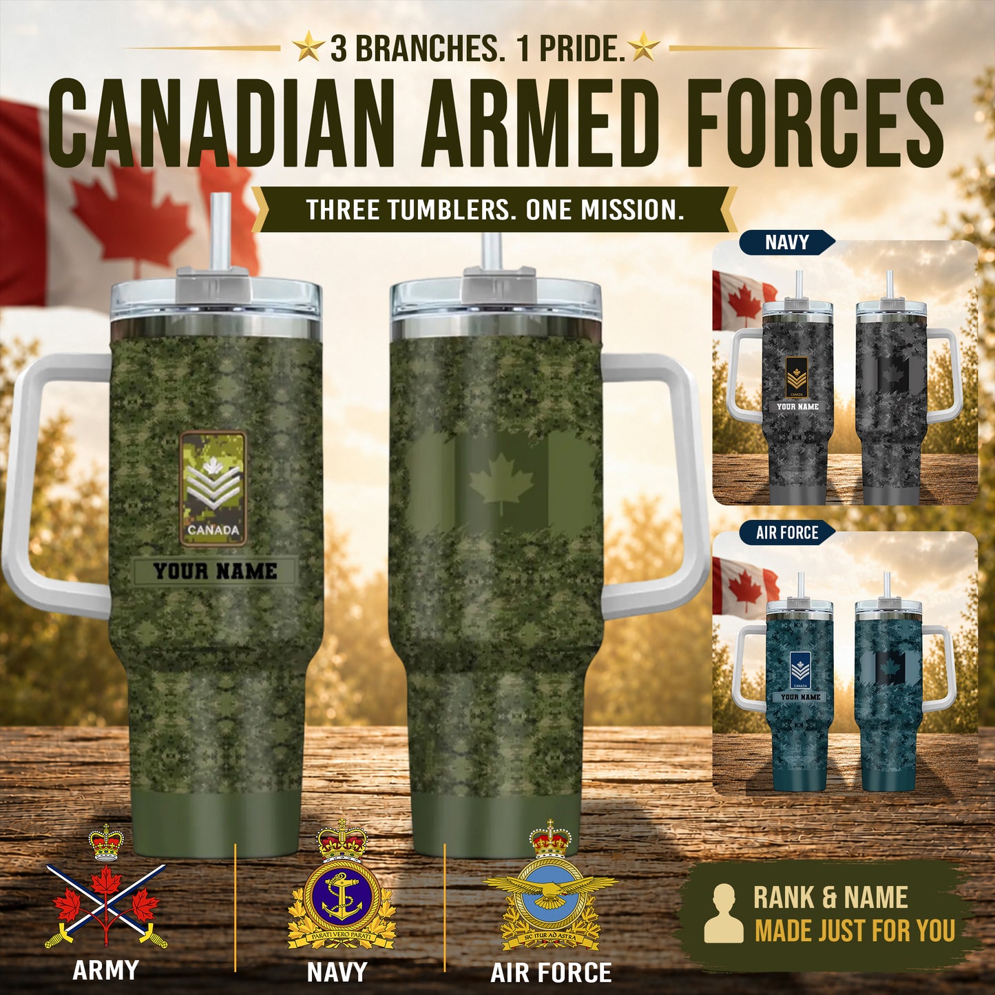 Personalized Canadian Soldier/ Veteran Camo With Name And Rank 40oz Tumbler 3D Printed - 17060544