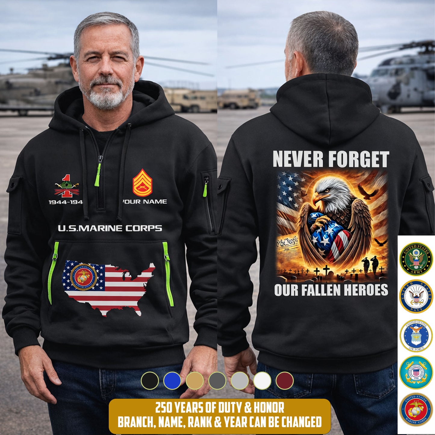 Marines Battalions - Never Forget Our Fallen Heroes 250th USA – Personalized Zip Hoodie Multicolor, 4th of July Zip Hoodie Multicolor, Custom Military Zip Hoodie Multicolor - 17692128