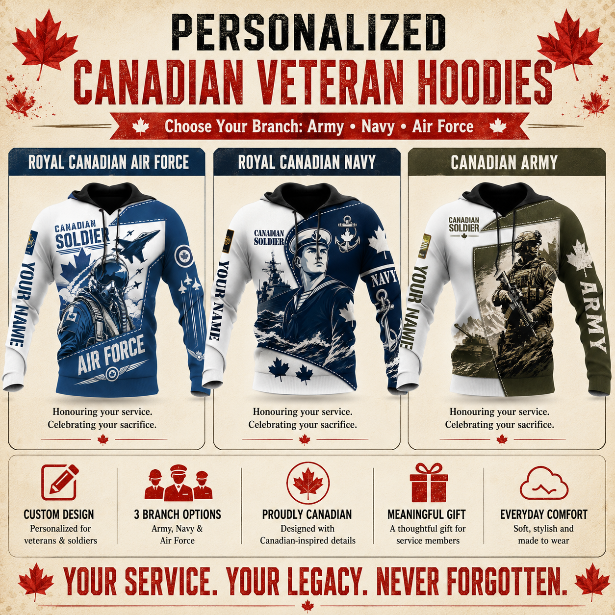 Personalized Canada Soldier/Veteran with Name & Rank Hoodie All Over Printed - 17778528