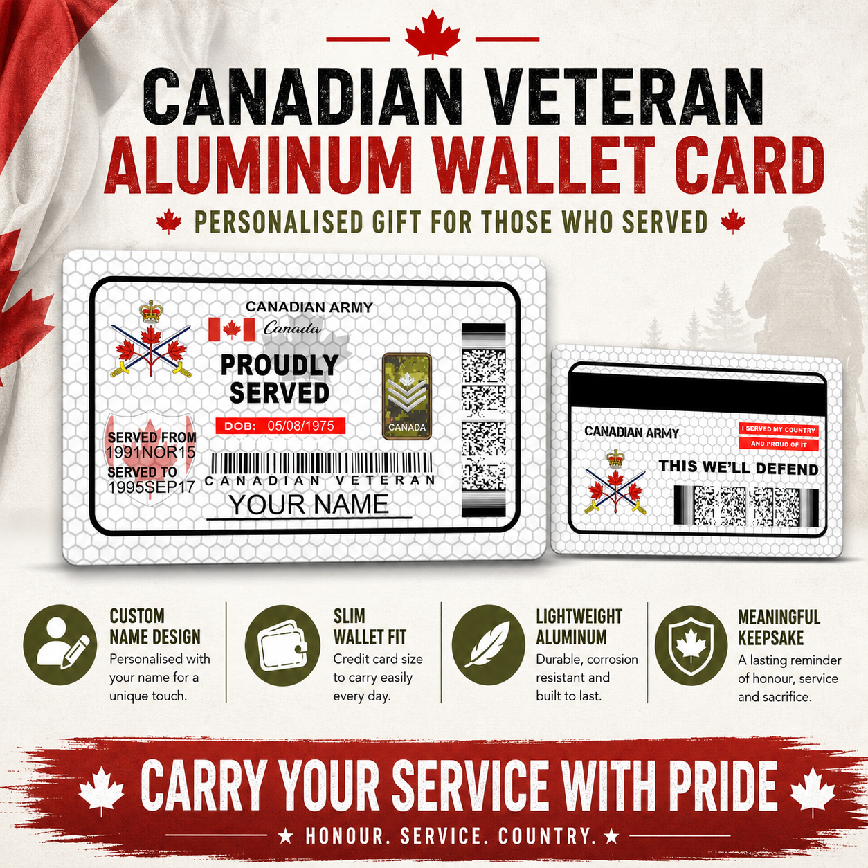 Personalized Canada Soldier/ Veteran With Rank, Name And Year Aluminum Wallet Card - 17470944
