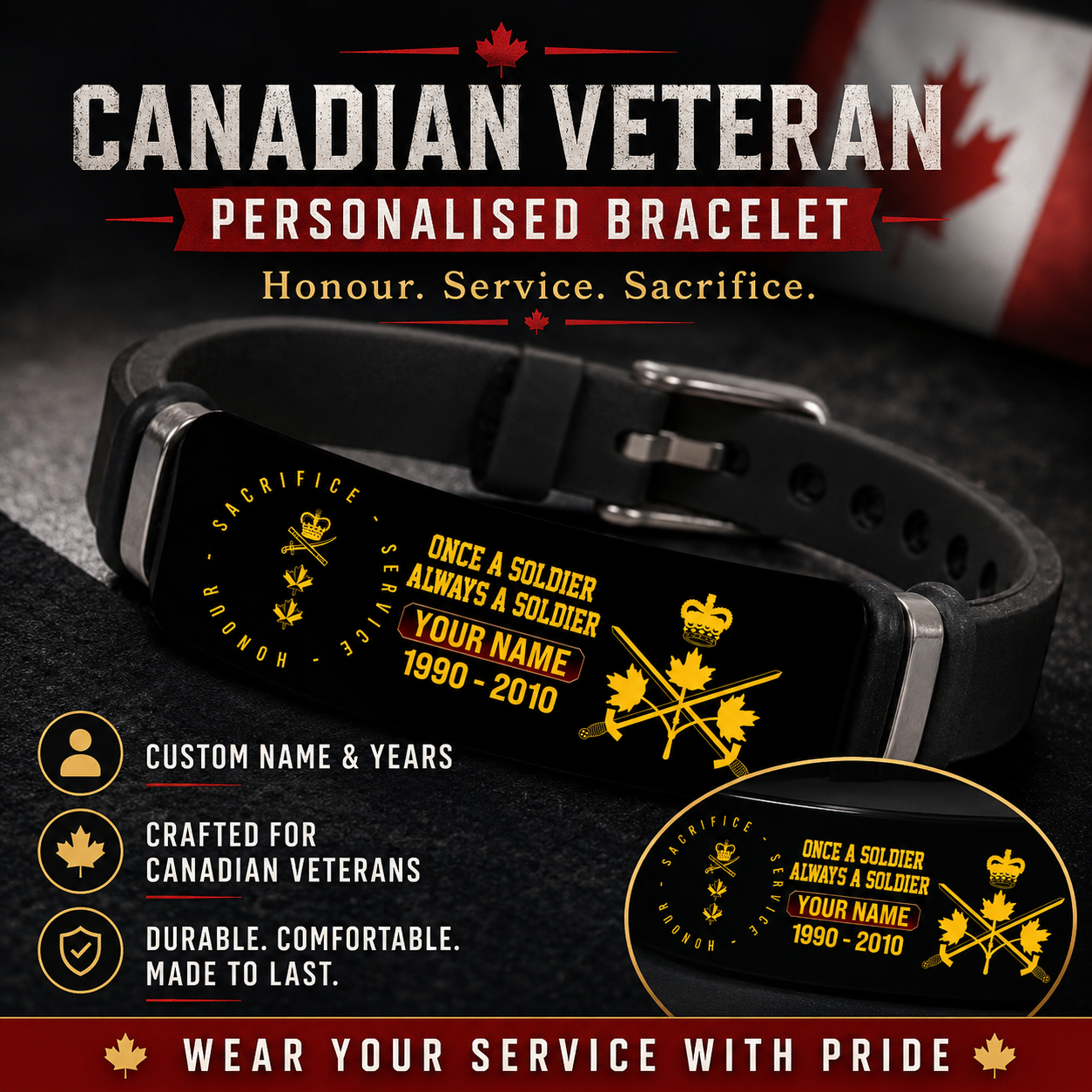 Personalized Canada Soldier/ Veteran With Rank, Name And Year Bracelet - 17452800