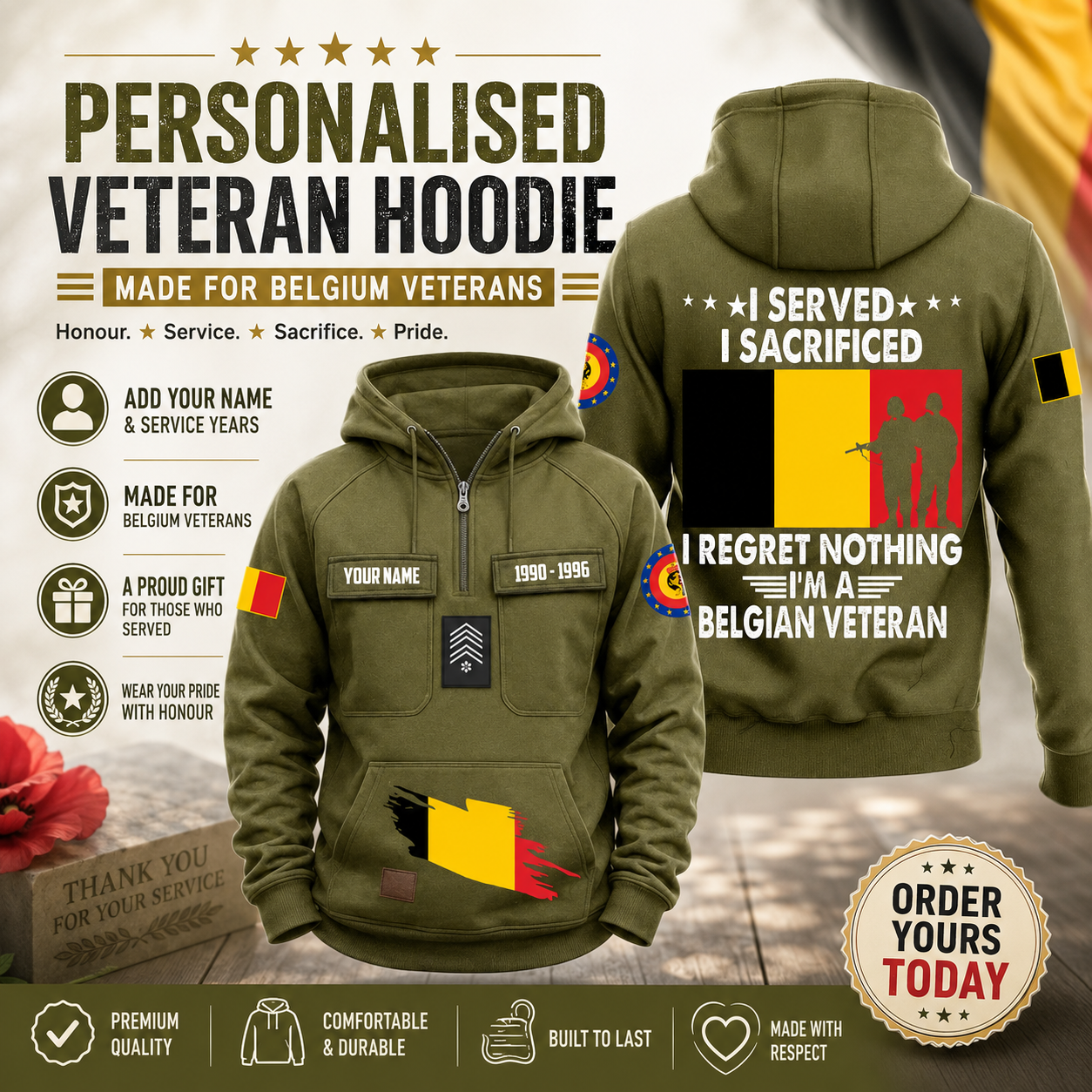 Personalized Belgium Soldier/Veteran Vintage Hoodie All Over Printed - 17560800