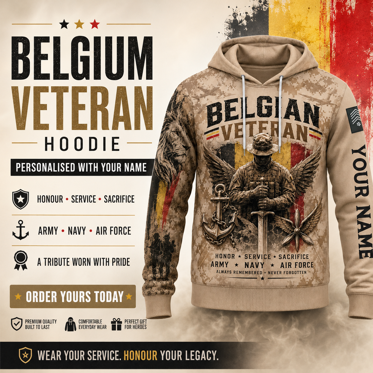 Personalized Belgium Soldier/Veteran with Name & Rank Hoodie All Over Printed - 17786304