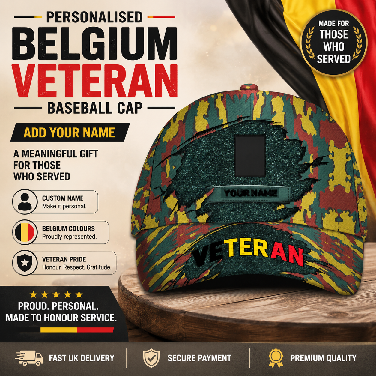 Personalized Rank And Name Belgium Soldier/Veterans Camo Baseball Cap - 172126083