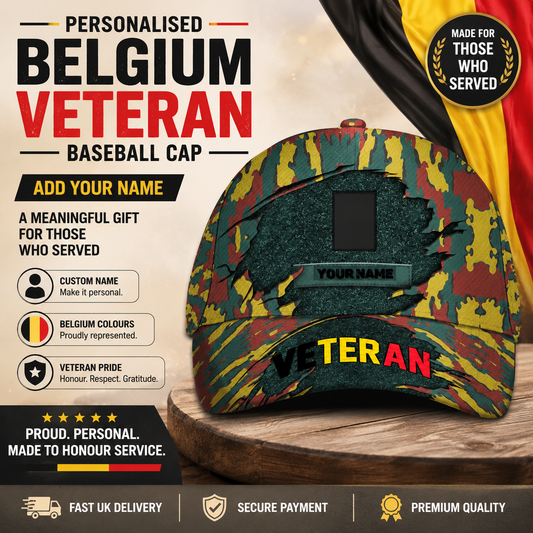 Personalized Rank And Name Belgium Soldier/Veterans Camo Baseball Cap - 172126083