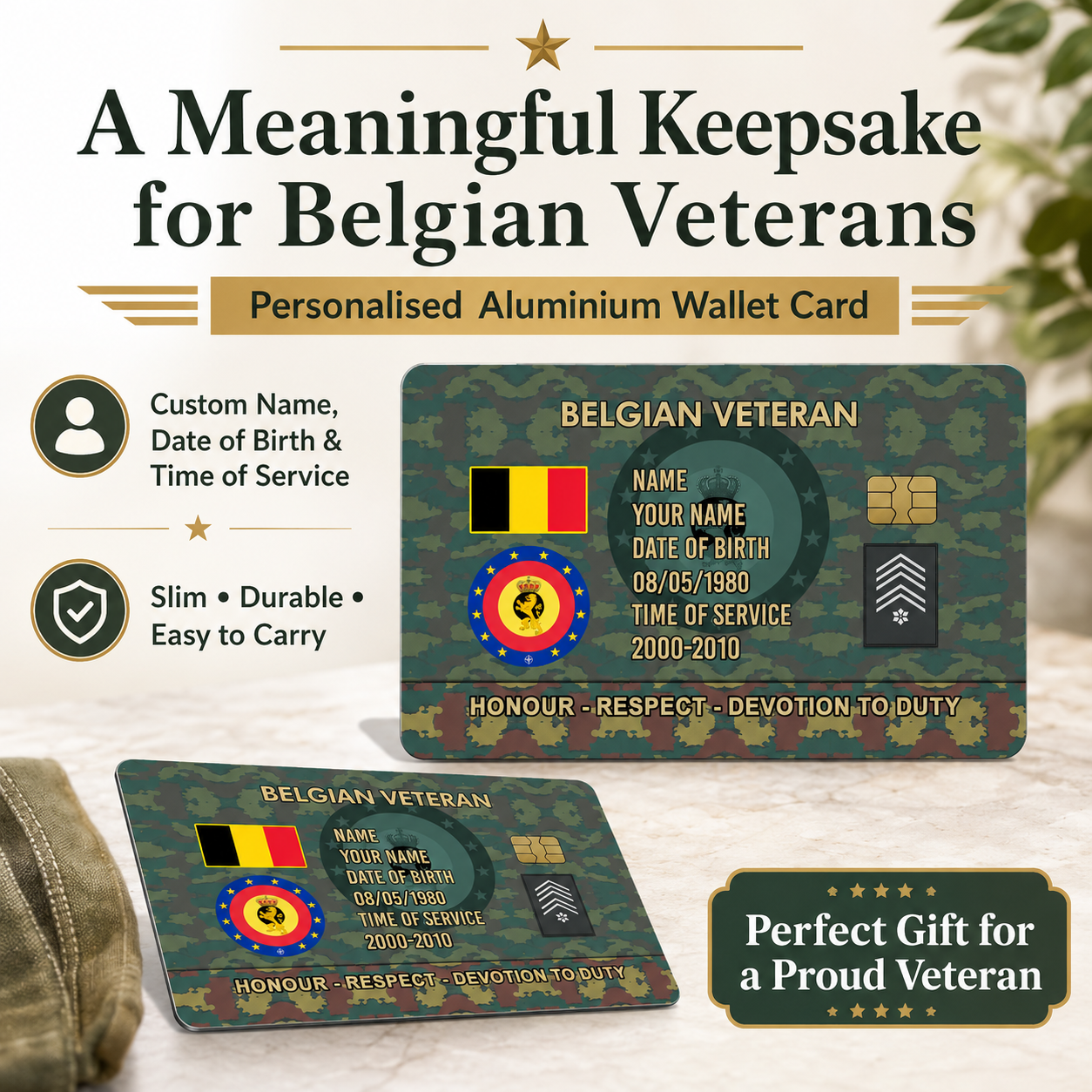 Personalized Belgium Soldier/ Veteran With Rank, Name And Year Aluminum Wallet Card - 17637696