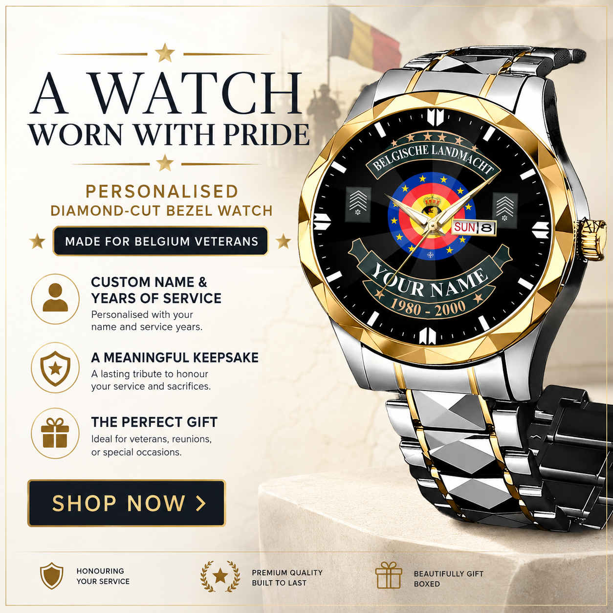 Personalized Belgium Soldier/Veteran with Name and Rank Diamond-Cut Bezel Watch - 1761350401