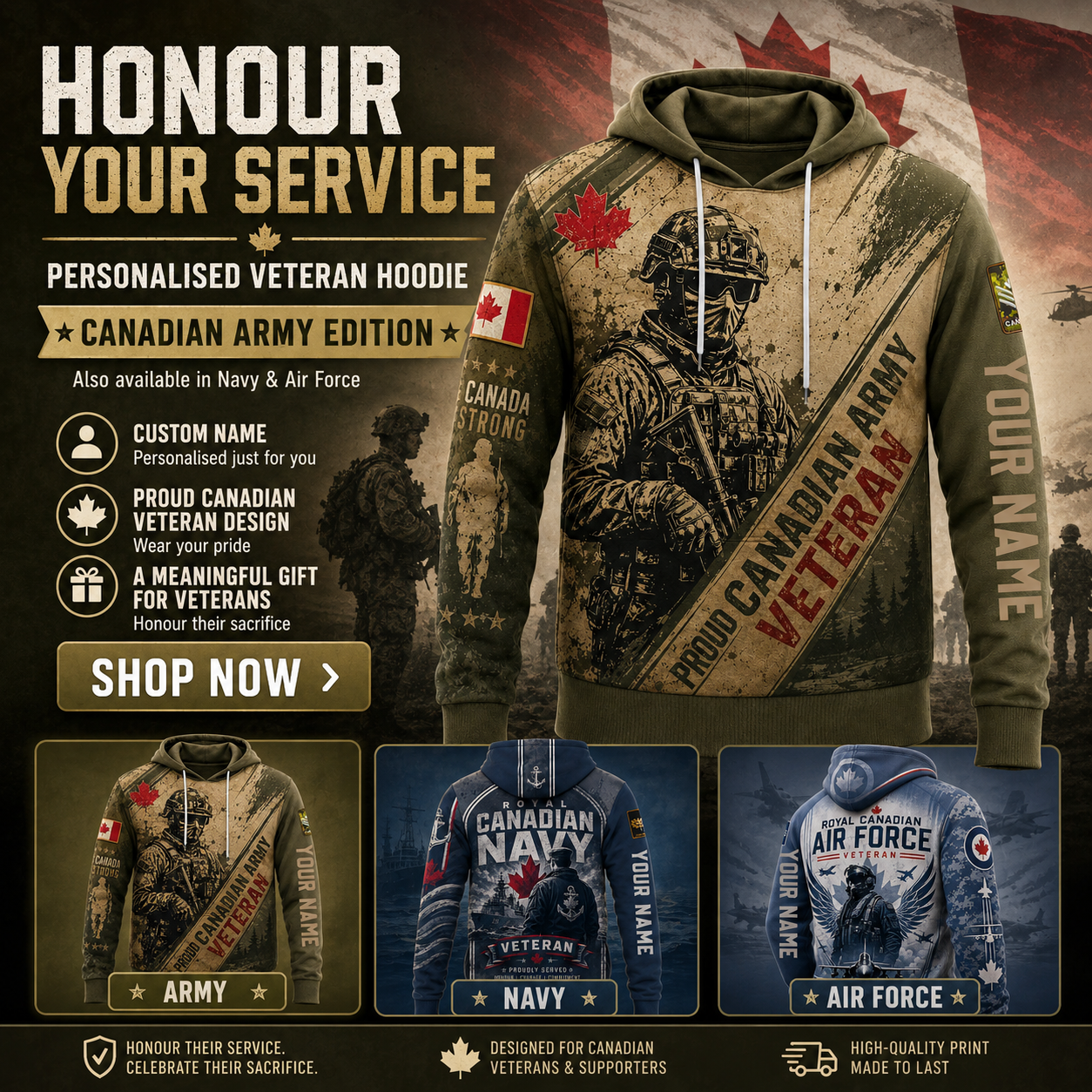 Personalized Canada Soldier/Veteran with Name & Rank Hoodie All Over Printed - 17785440
