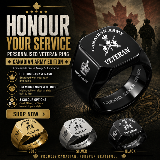 Personalized Canada Soldier/Veteran with Name and Rank Engraved Men’s Ring - 17629920