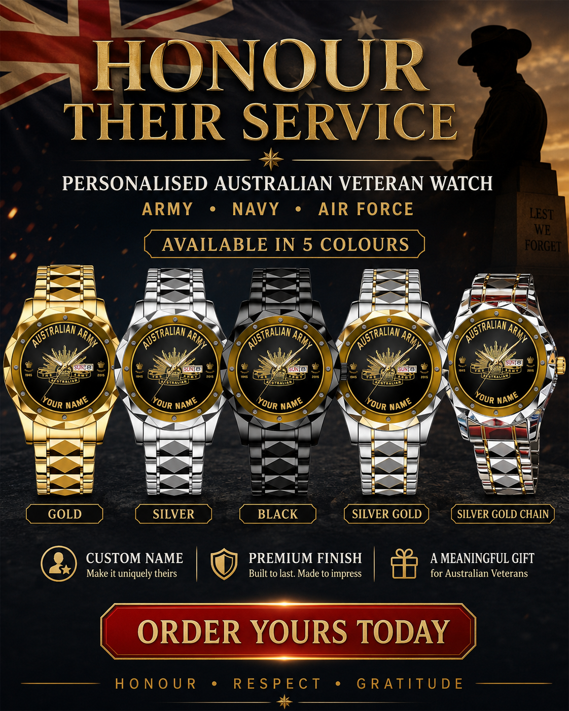 Personalized Australia Soldier/ Veteran With Rank and Name, Year Gentleman Crystal Metal Watch - 17387136