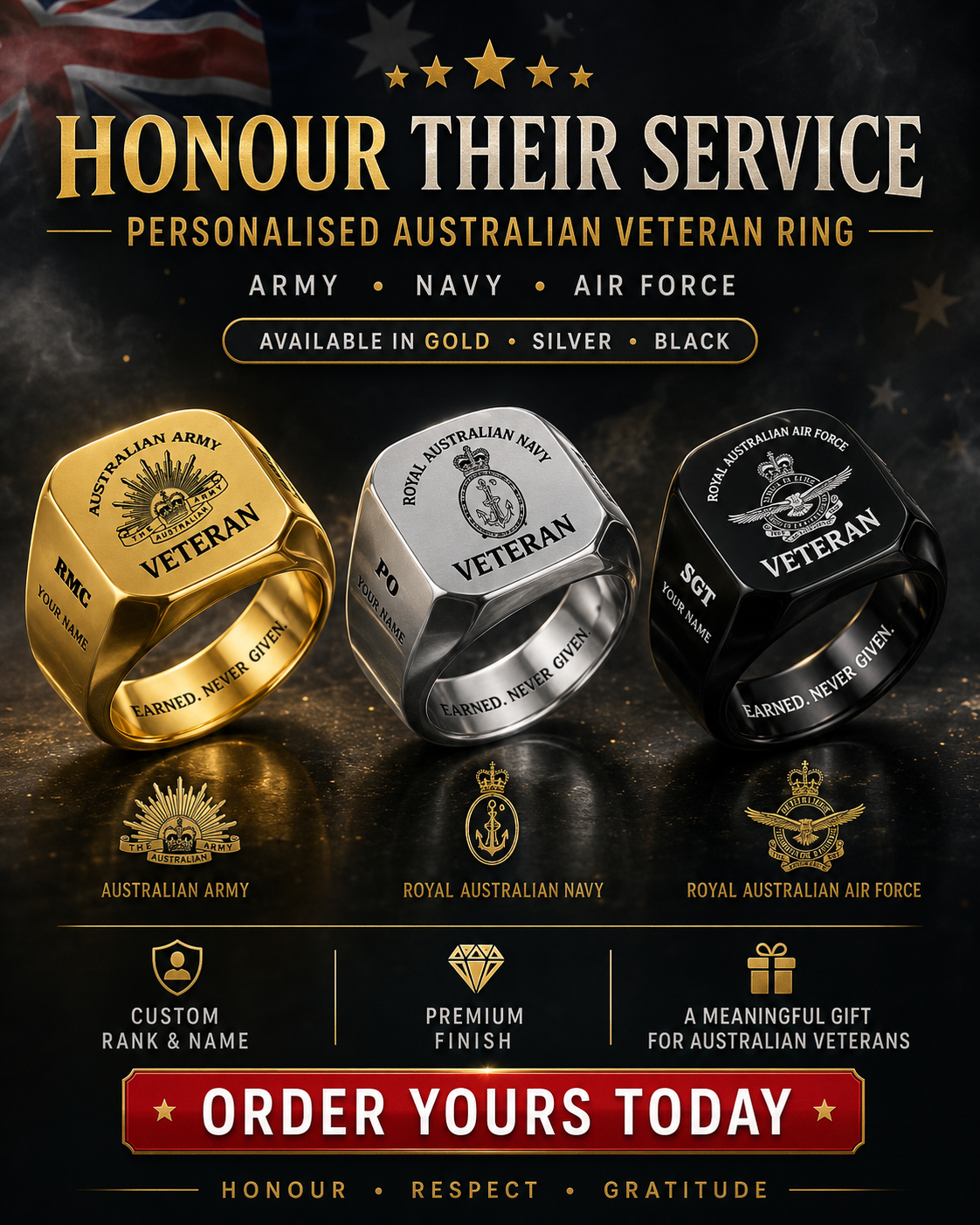 Personalized Australia Soldier/Veteran with Name and Rank Engraved Men’s Ring - 17629920