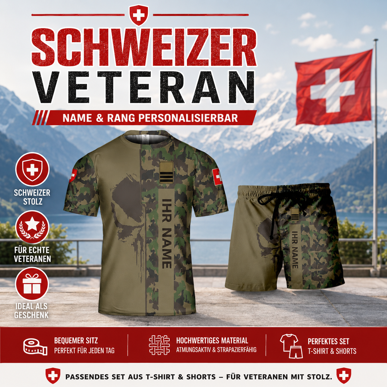 Personalized Swiss Soldier/ Veteran Camo With Name And Rank Combo T-Shirt + Short 3D Printed - 17152992