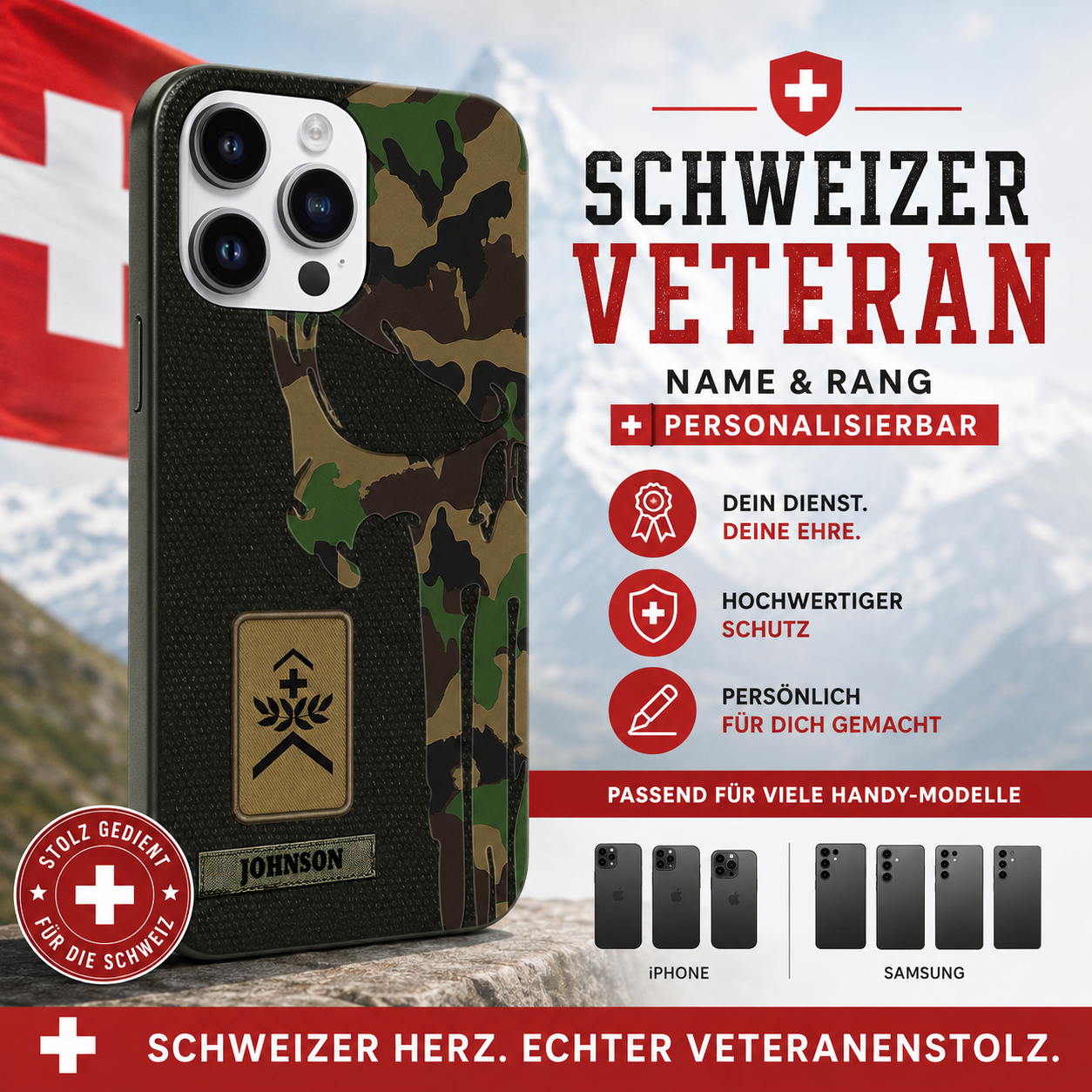 Personalisierte Schweizer Soldaten/Veteranen Handyhülle bedruckt
