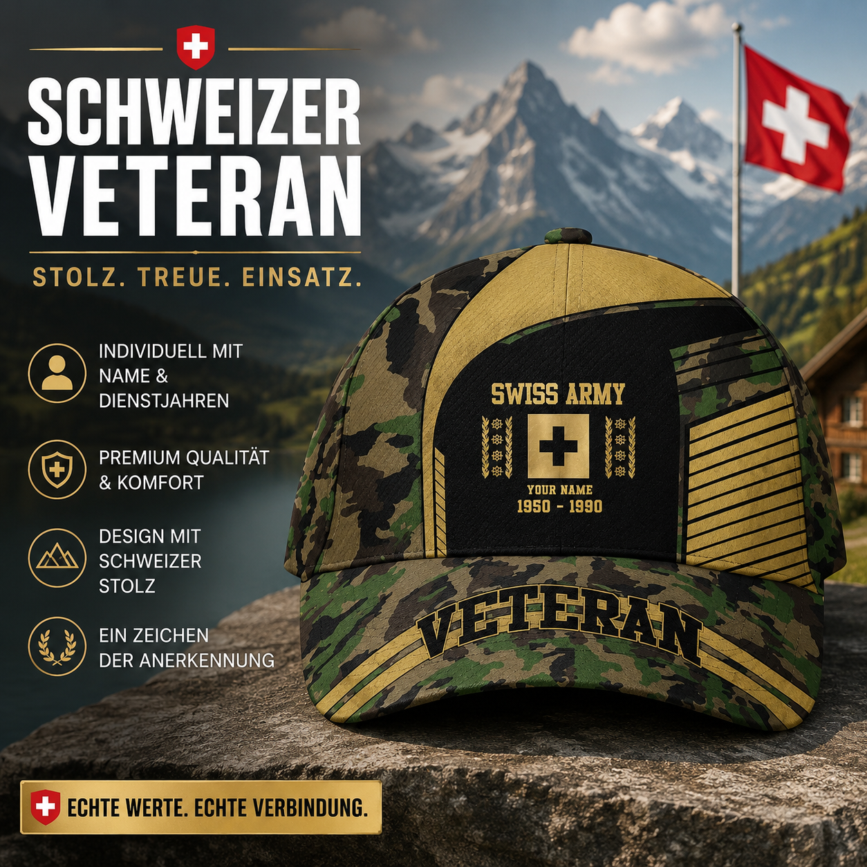 Personalisierter Rang und Name Schweizer Soldat/Veteranen Camo Baseball Cap Veteran - 17109792