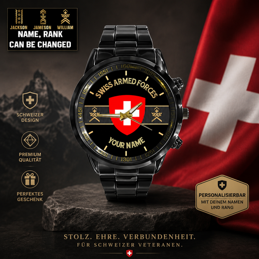 Personalized Swiss Soldier/ Veteran With Name And Rank Black Stainless Steel Watch - 17097696 - Gold Version
