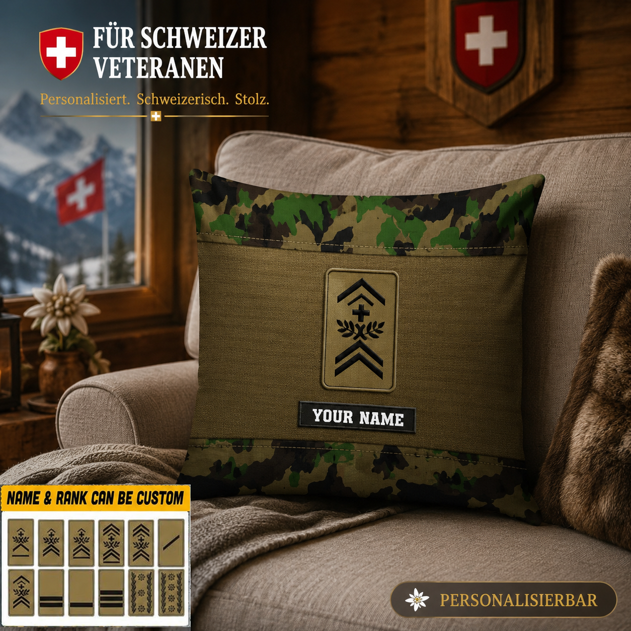 Personalisiertes Kissen mit Schweizer Soldaten-/Veteranen-Tarnmuster und Namen und Rang, 3D-Druck – 1508230001