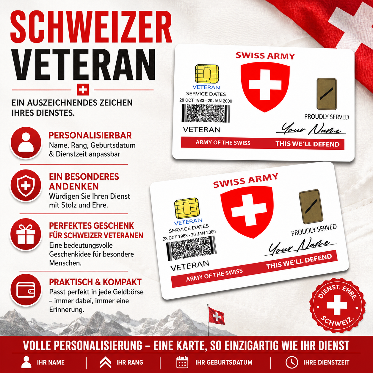 Personalized Swiss Soldier/ Veteran With Rank, Name And Year Aluminum Wallet Card - 17472672