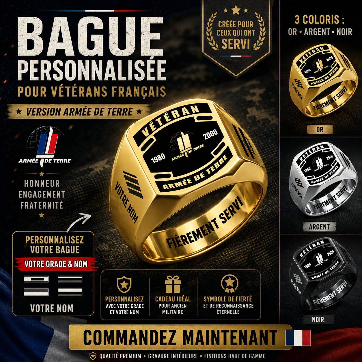 Personalized France Soldier/Veteran with Name, Year and Rank Engraved Men’s Ring - 17647200