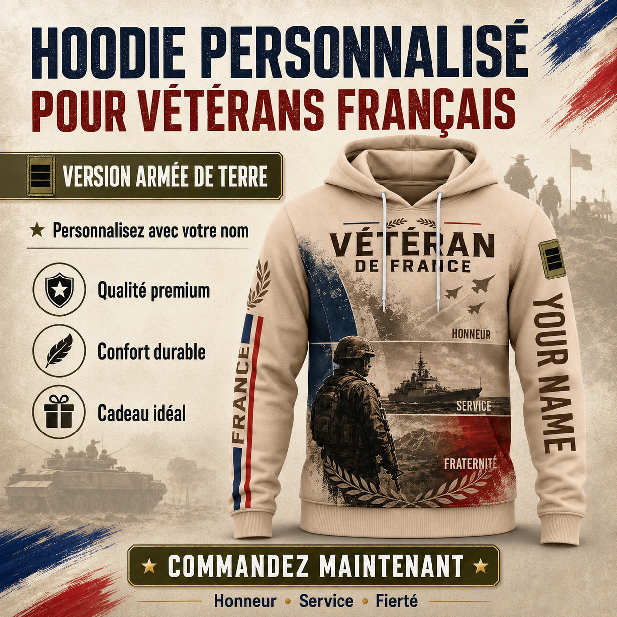 Personalized France Soldier/Veteran with Name & Rank Hoodie All Over Printed - 17786304