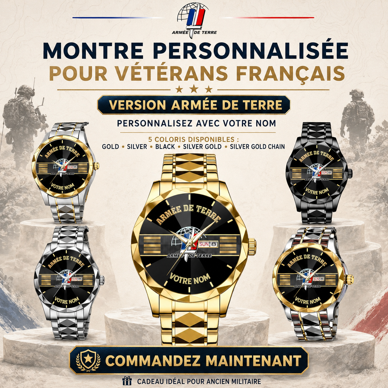 Personalized France Soldier/ Veteran With Rank and Name Gentleman Crystal Metal Watch - 17388000