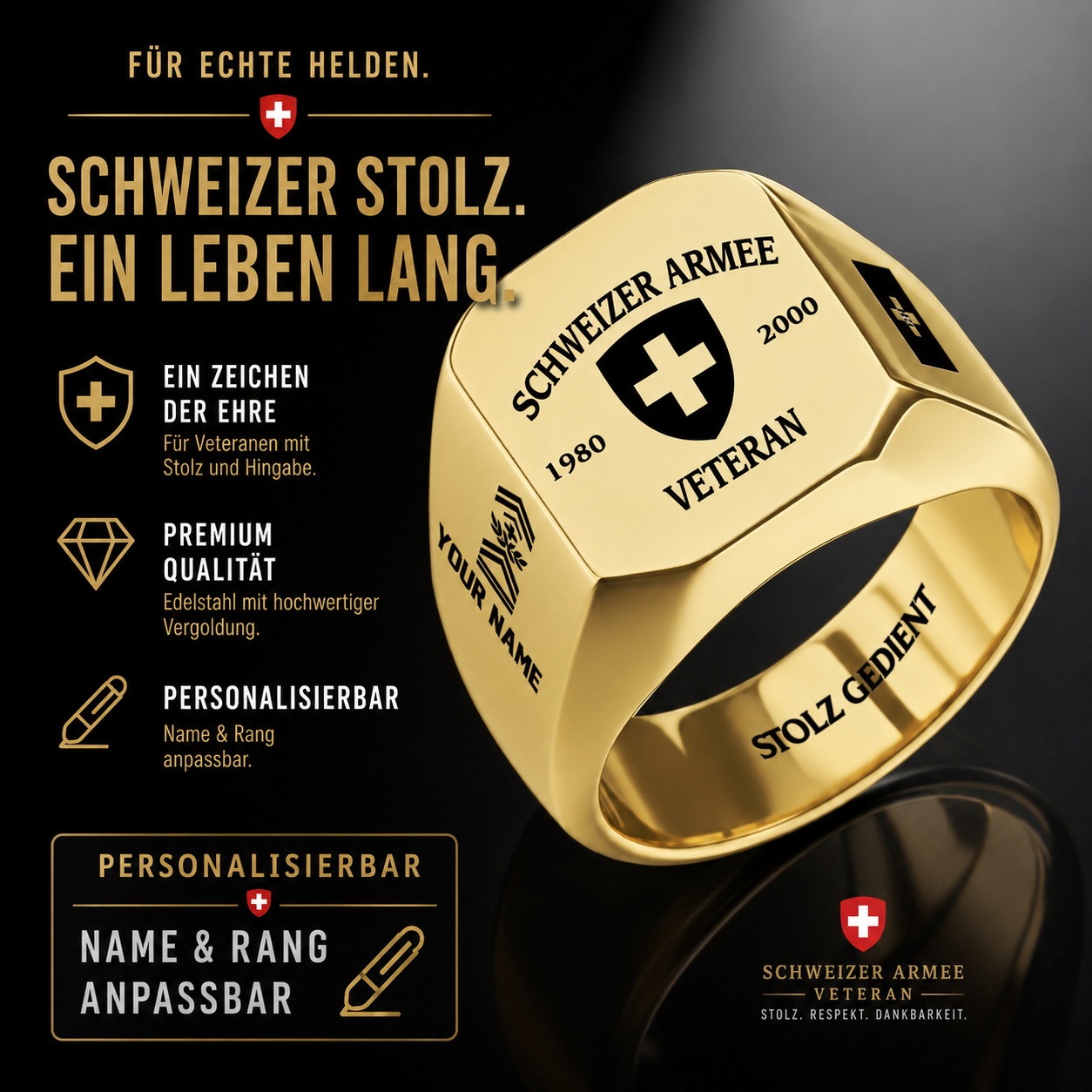Personalized Swiss Soldier/Veteran with Name, Year and Rank Engraved Men’s Ring - 1763424001