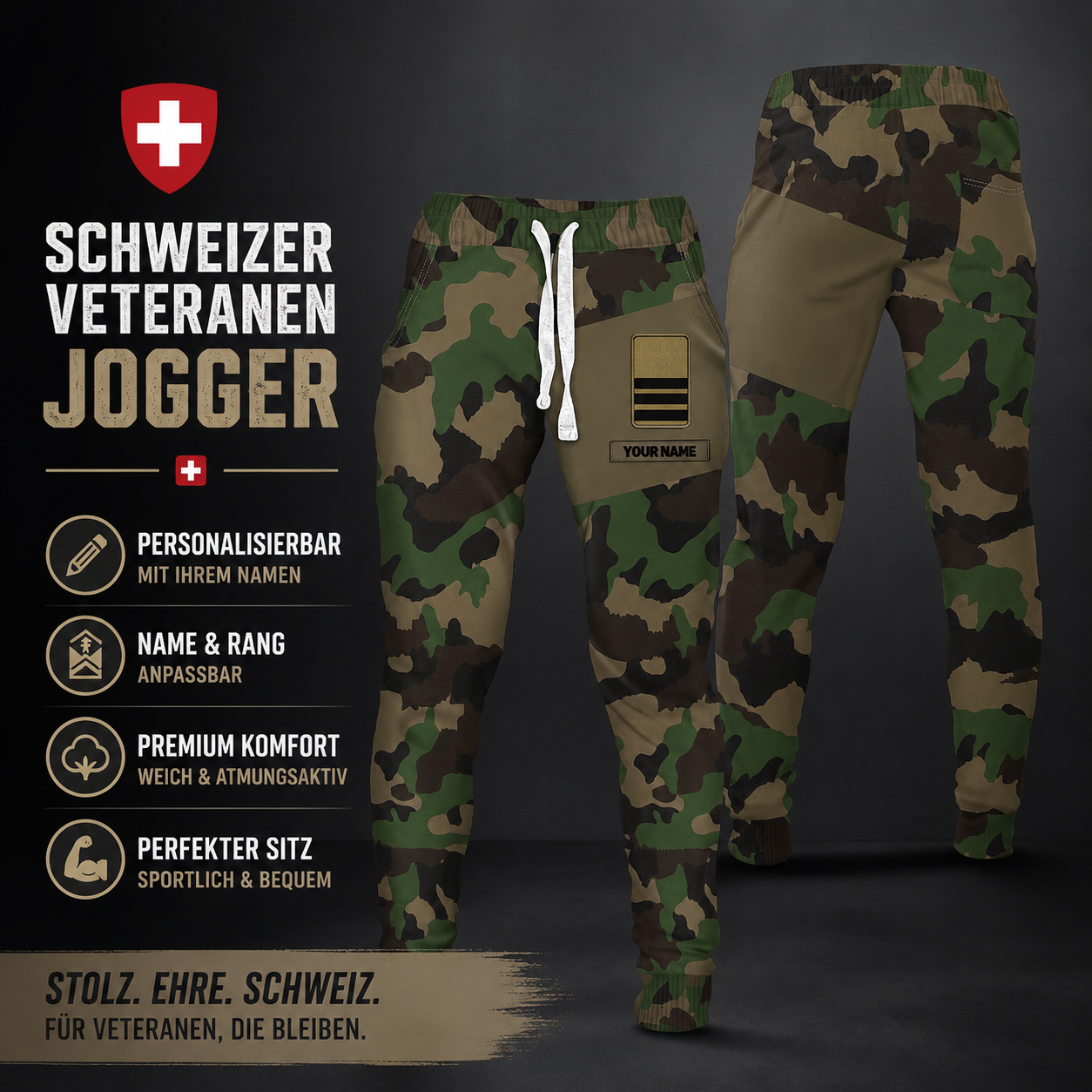 Personalisierte Jogginghose mit Schweizer Soldaten-/Veteranen-Tarnmuster und Namen und Rang, 3D-Druck – 1811230001