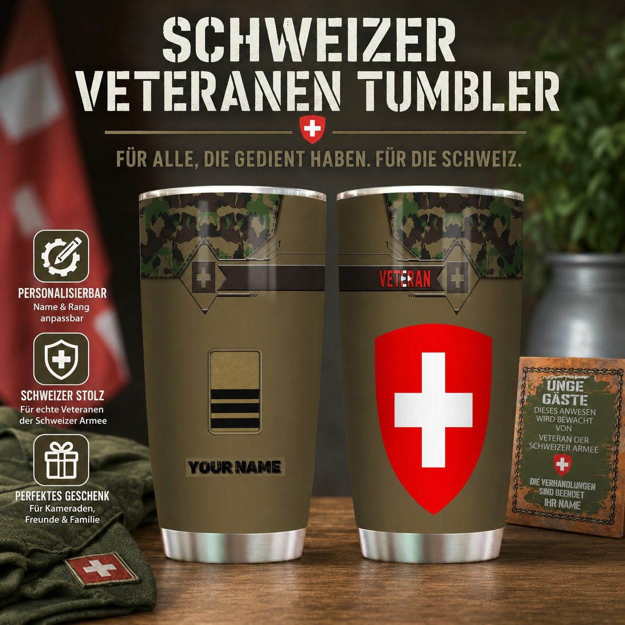Personalized Swiss Veteran/Soldier With Rank And Name Camo Tumbler All Over Printed - 16817760