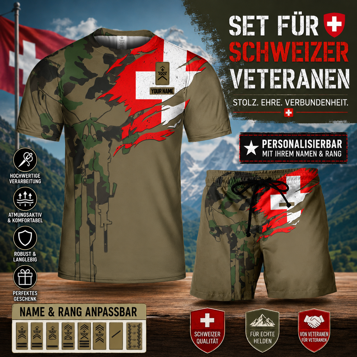 T-shirt personnalisé avec camouflage soldat/vétéran suisse avec nom et grade combinés + short imprimés en 3D