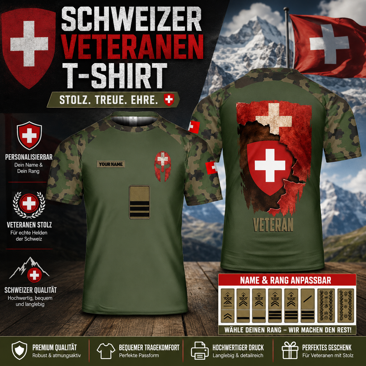 Personalisiertes Schweizer Soldat/Veteranen-Tarn-T-Shirt mit Namen und Rang, 3D-Druck – 2901240003