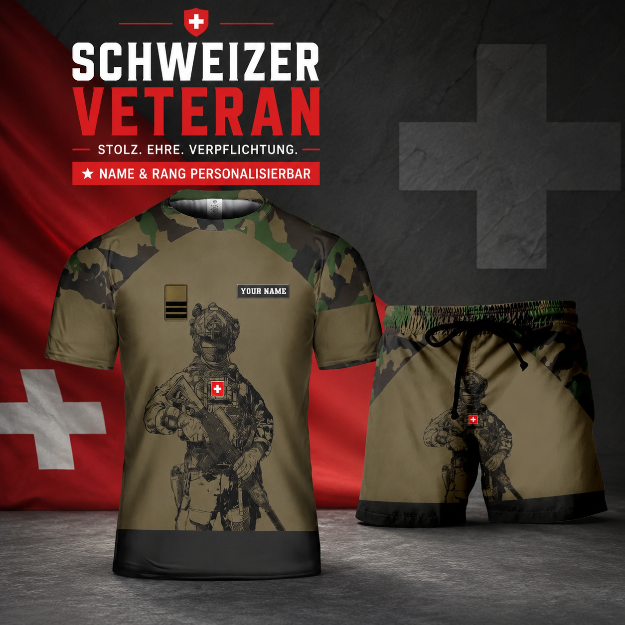 Personalisiertes Schweizer Soldat/Veteranen-Tarnmuster mit Namen und Rang, Kombi-T-Shirt + Short, 3D-Druck -19Mar2401