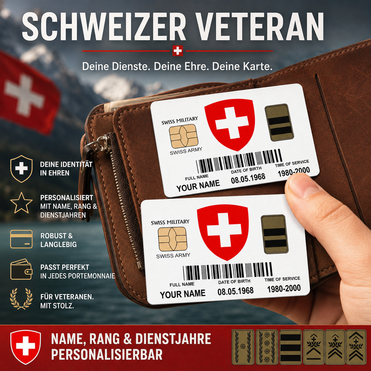Personalized Swiss Soldier/ Veteran With Rank, Name And Year Aluminum Wallet Card - 17507232