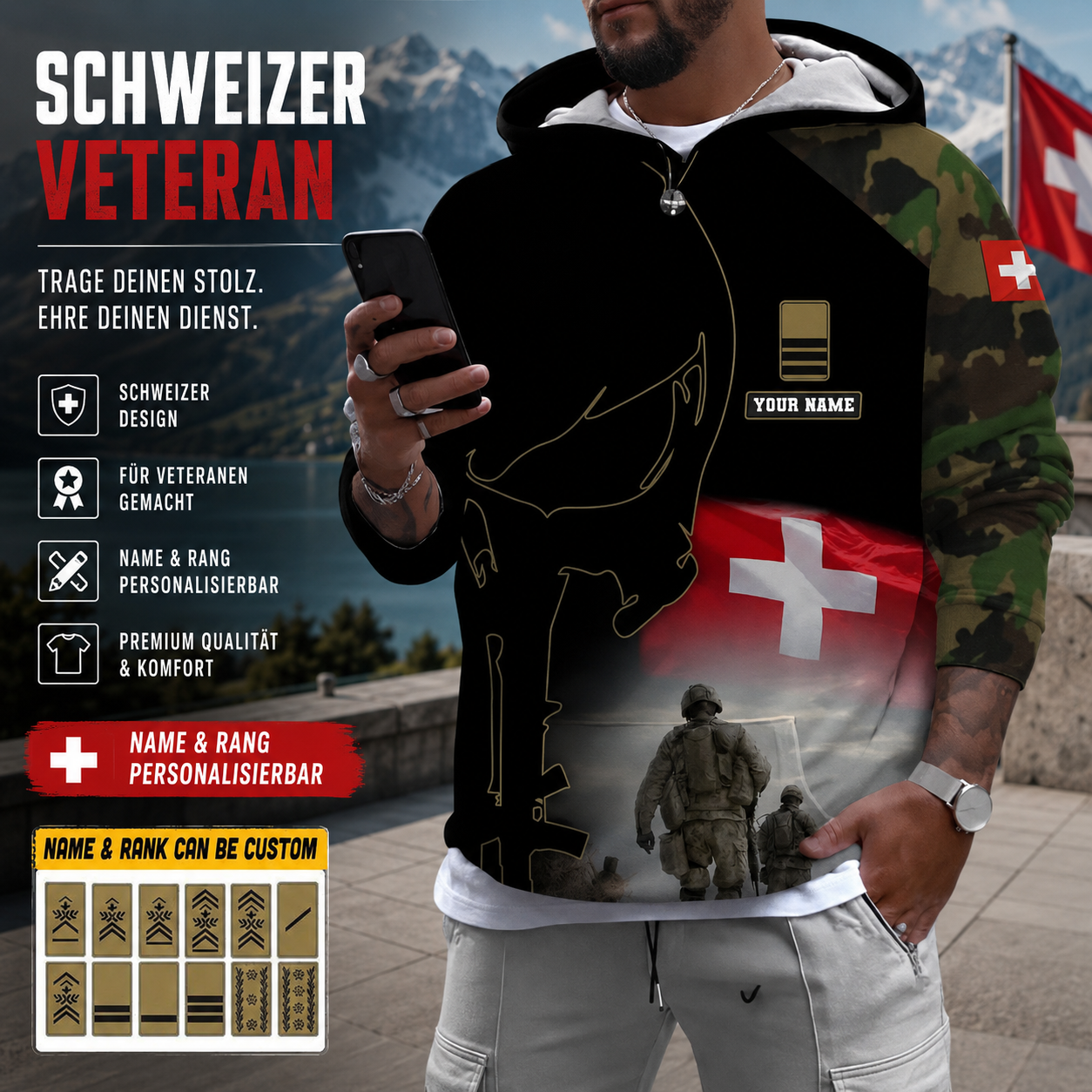 Personalized Swiss Soldier/ Veteran Camo With Name And Rank Hoodie - 16976736