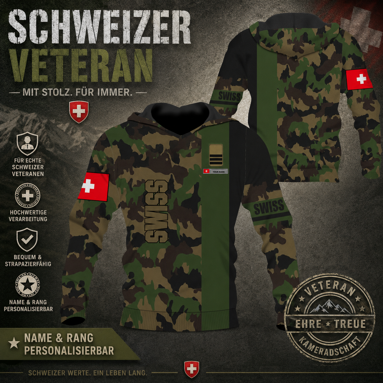Personalized Swiss Soldier/ Veteran Camo With Name And Rank Hoodie 3D Printed - 1677628804
