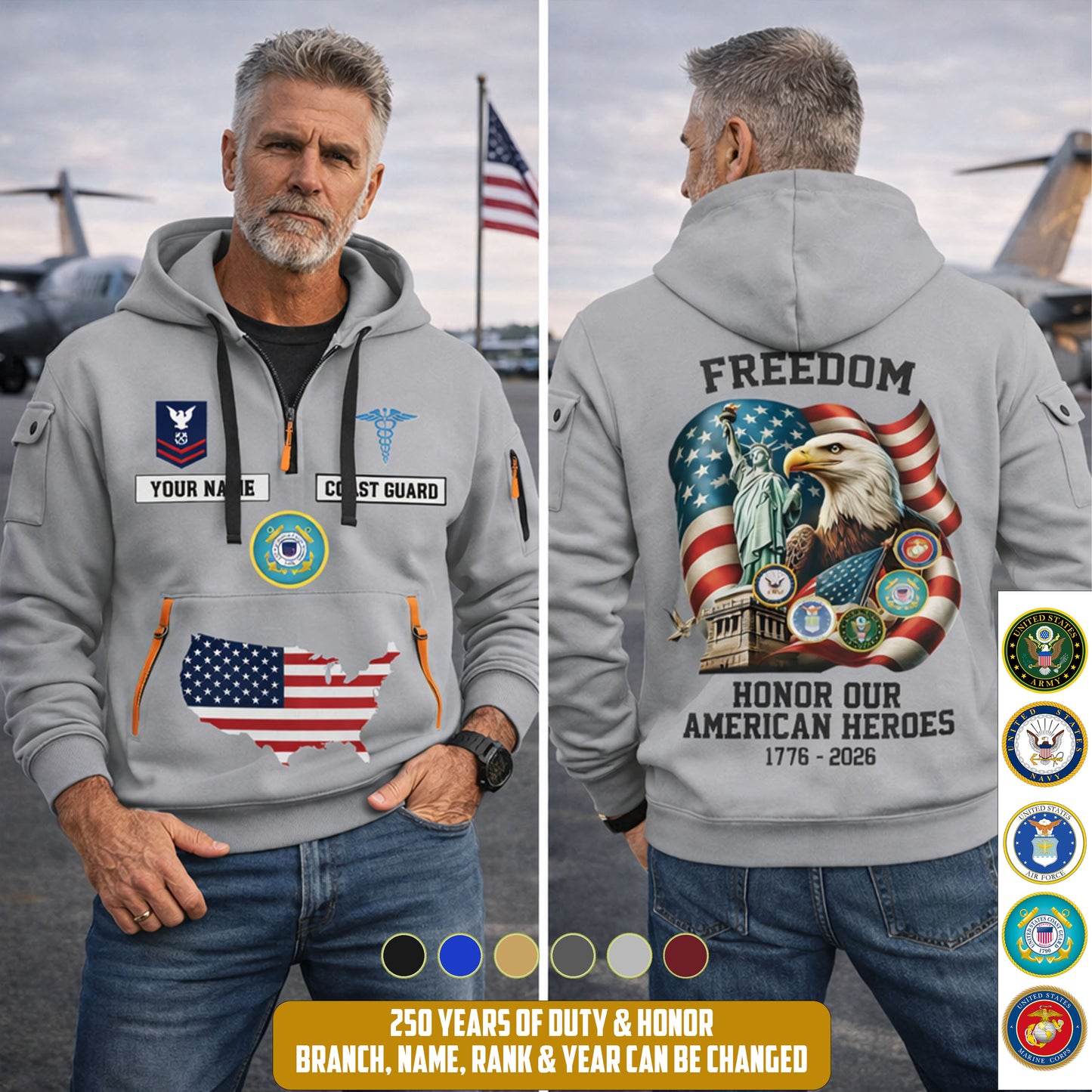Coast Guard Rating - Freedom Honor Our American Heroes – Personalized Multicolor Zip Hoodie | Custom Military Branch | 250th Anniversary | 4th of July - 17699904