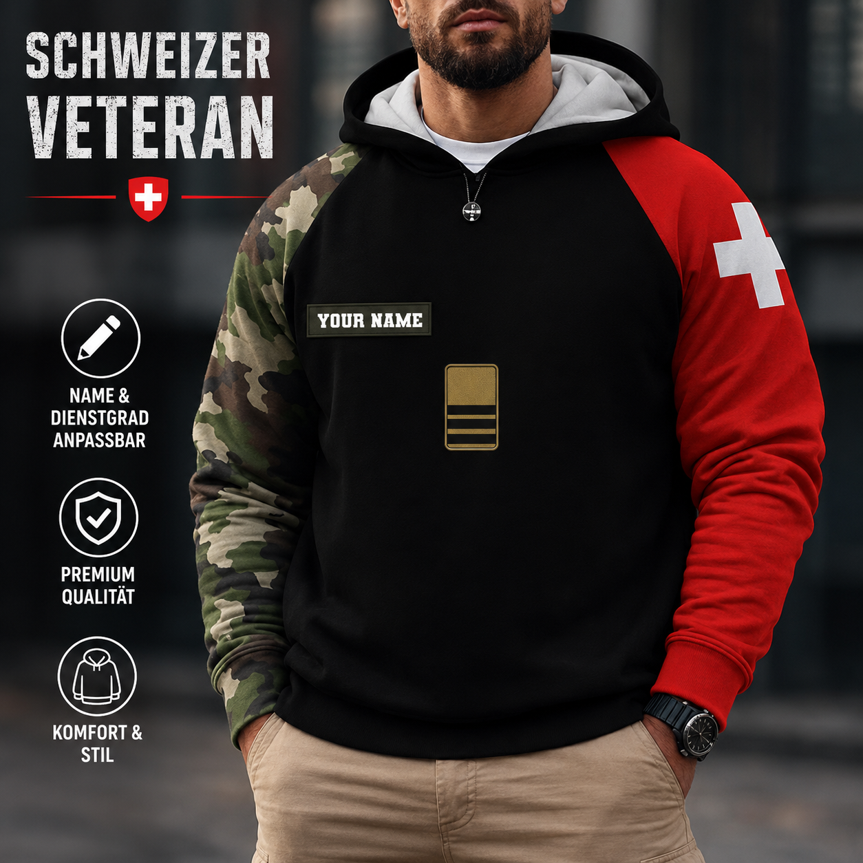 Personalized Swiss Soldier/ Veteran Camo With Name And Rank Hoodie - 170233929