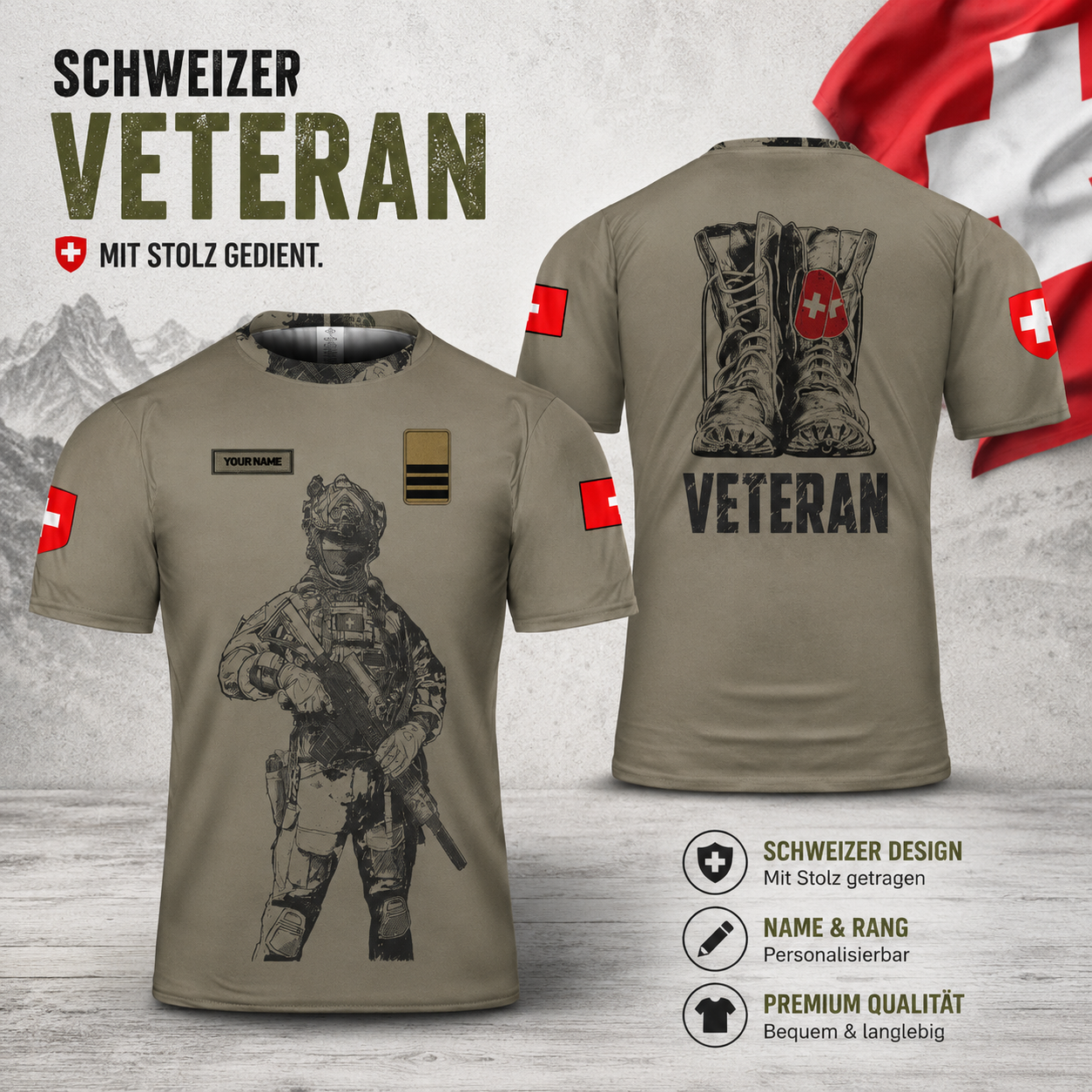 Personalized Swiss Solider/ Veteran Camo With Name And Rank T-Shirt 3D Printed - 17059680