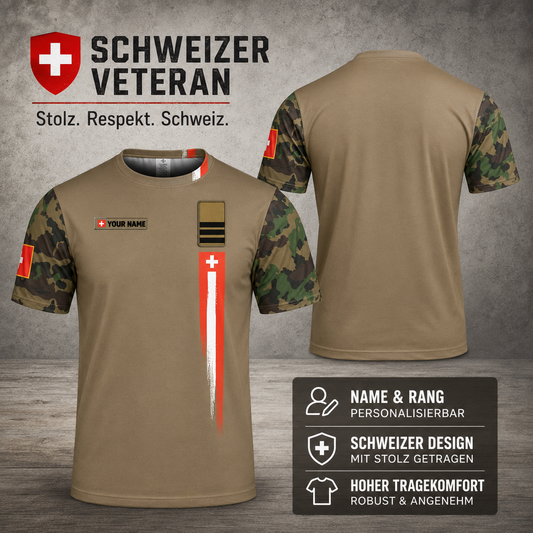 T-shirt personnalisé avec camouflage soldat suisse/vétéran avec nom et grade imprimé en 3D - 2301240002
